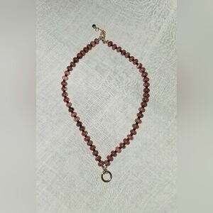 LOFT Brown Beaded Necklace with Gold Ring Pendant